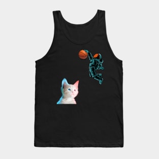 Cute Kitten Astronaut Playing Basketball For Cat Lover Tee T-Shirt Tank Top